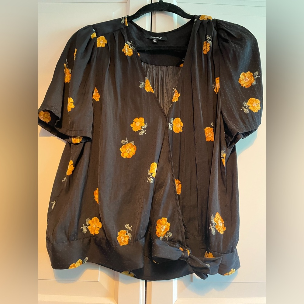 Madewell Black & Yellow Floral Wrap Blouse